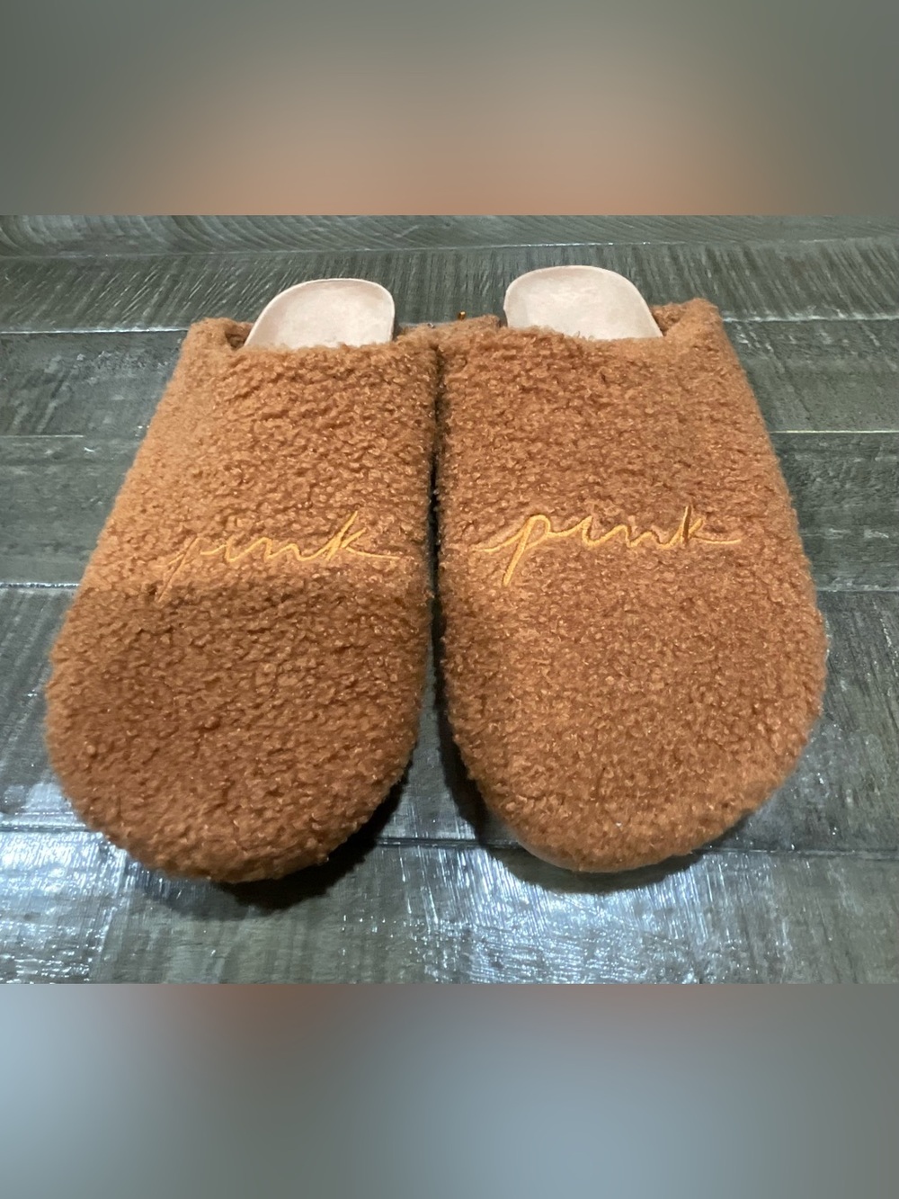 Fuzzy Brown 'pink' Logo Slippers